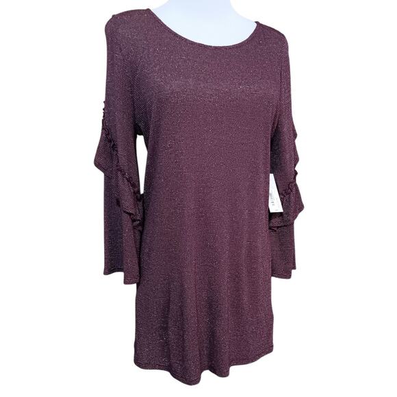 NEW ANA Stretchy Tunic Top Blouse Large Dark Purple Sparkle Ruffle Dressy Career - Picture 3 of 9